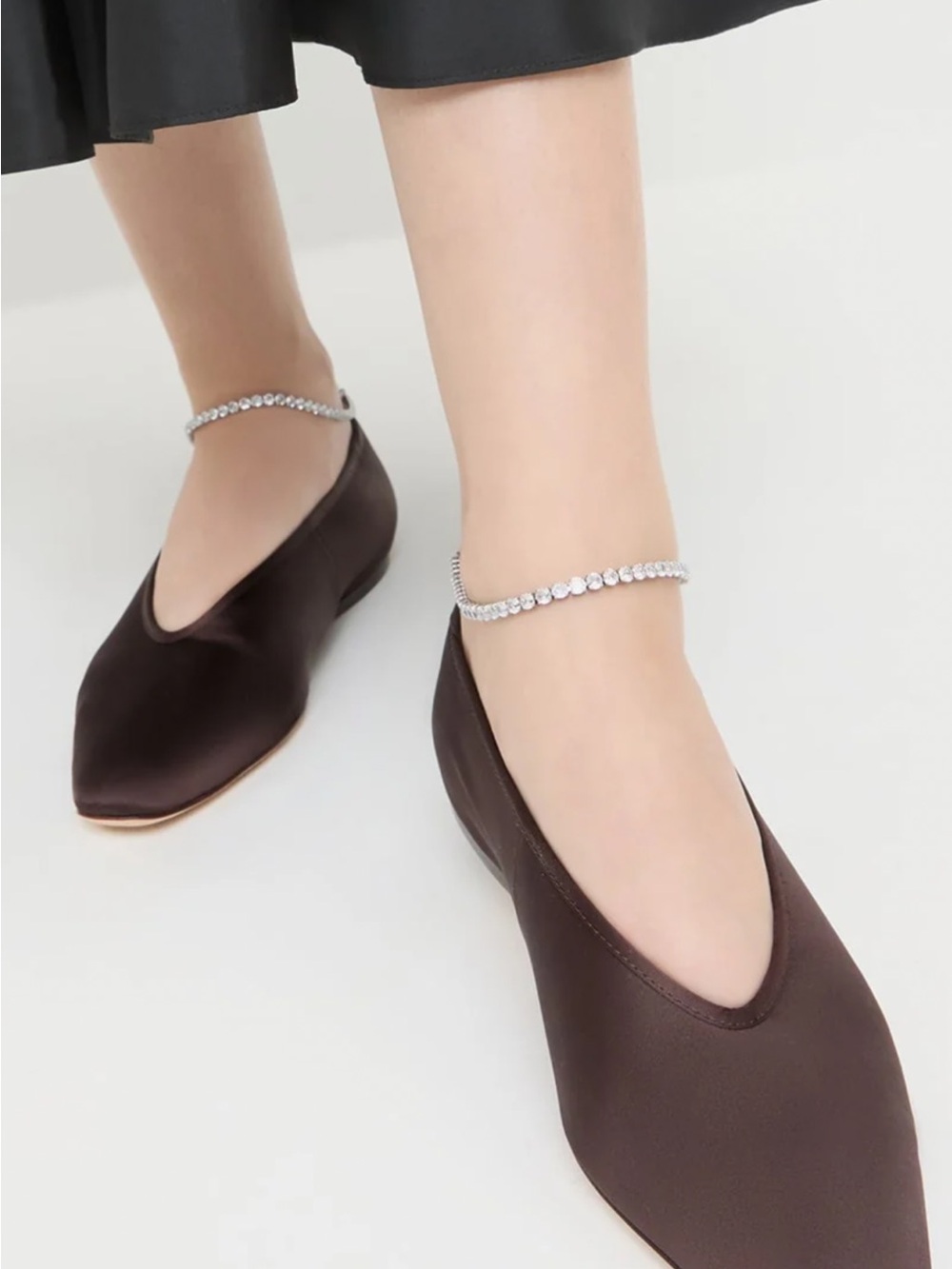 Loeffler Randall Dark Brown Satin Pointed Flats with Crystal Ankle Straps